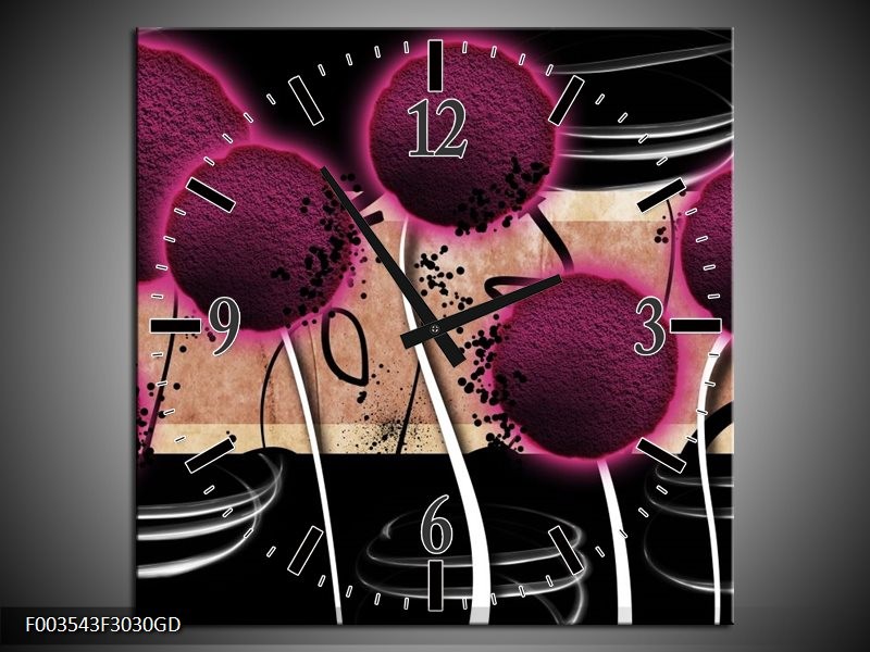 Wandklok op Glas Bloem | Kleur: Paars, Zwart, Wit | F003543CGD