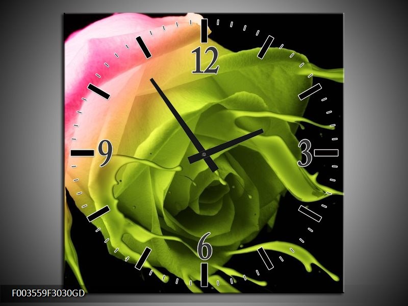 Wandklok op Glas Roos | Kleur: Roze, Groen, Zwart | F003559CGD