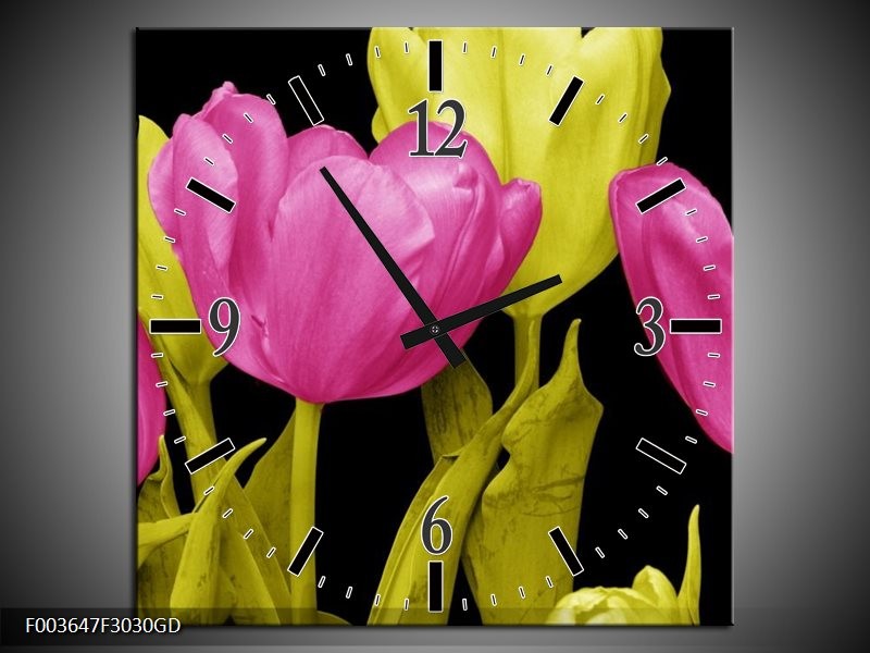 Wandklok op Glas Tulp | Kleur: Roze, Geel, Zwart | F003647CGD