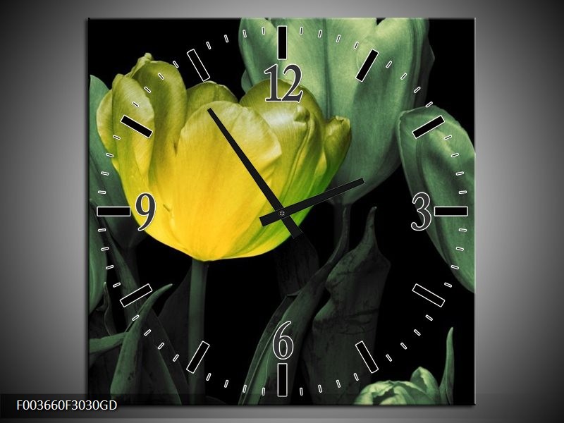 Wandklok op Glas Tulp | Kleur: Groen, Geel, Zwart | F003660CGD