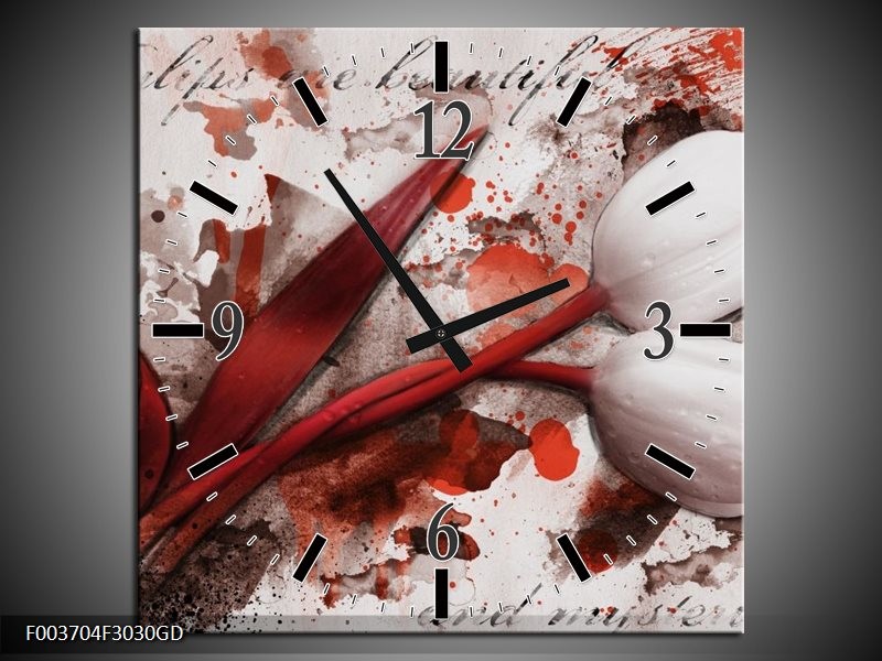 Wandklok op Glas Tulp | Kleur: Rood, Wit, Bruin | F003704CGD