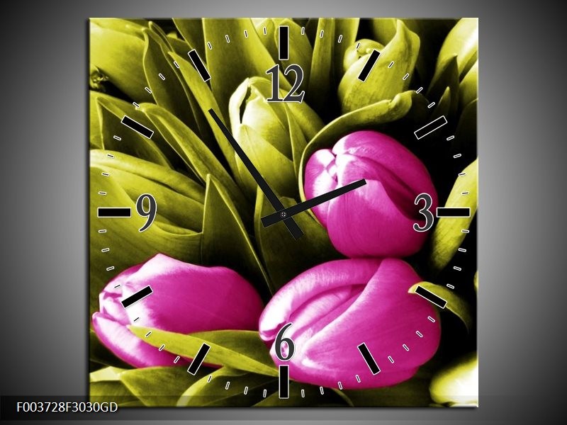 Wandklok op Glas Tulp | Kleur: Roze, Groen, Wit | F003728CGD