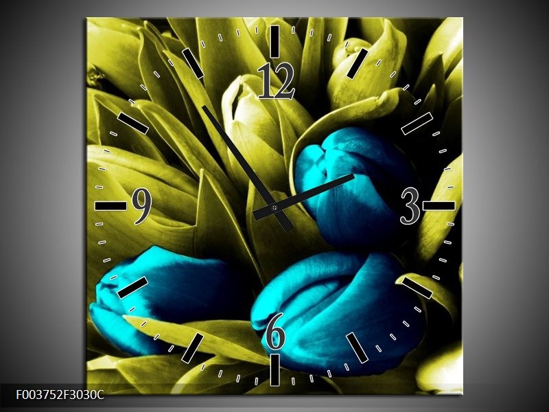Wandklok op Canvas Tulp | Kleur: Blauw, Zwart, Groen | F003752C