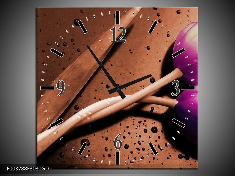 Wandklok op Glas Tulp | Kleur: Paars, Bruin, Wit | F003788CGD