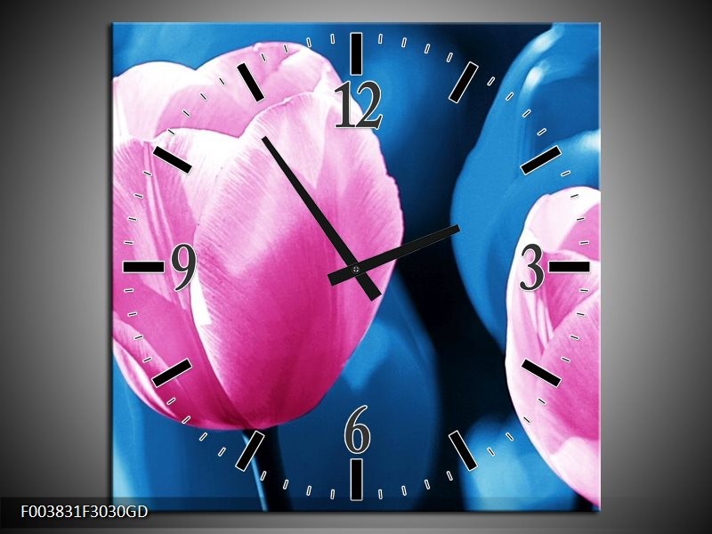 Wandklok op Glas Tulp | Kleur: Roze, Blauw | F003831CGD