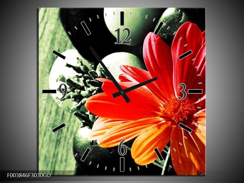 Wandklok op Glas Bloem | Kleur: Oranje, Groen, Rood | F003846CGD