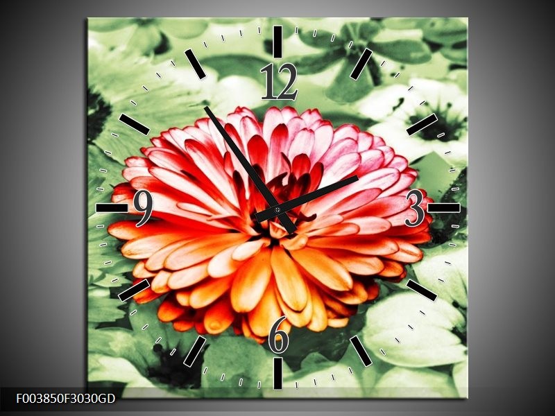 Wandklok op Glas Bloem | Kleur: Rood, Groen, Wit | F003850CGD