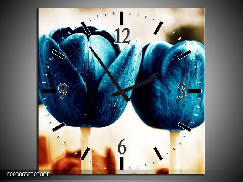 Wandklok op Glas Tulp | Kleur: Blauw, Wit, Grijs | F003865CGD
