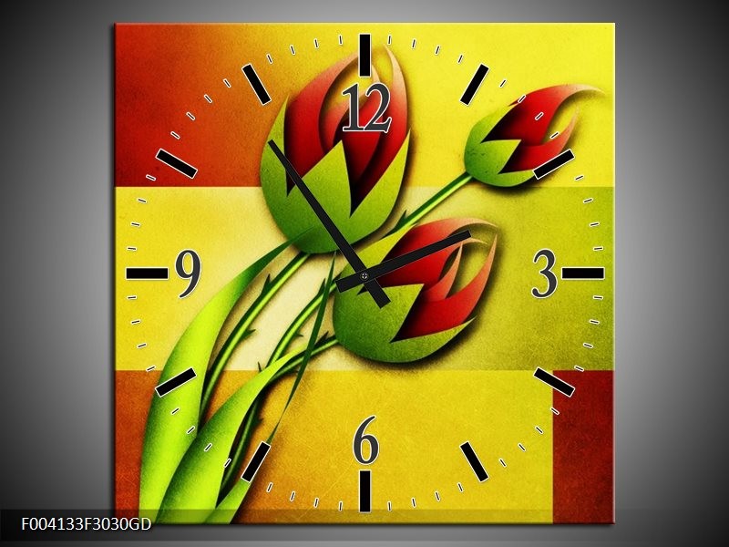 Wandklok op Glas Bloem | Kleur: Groen, Rood, Geel | F004133CGD