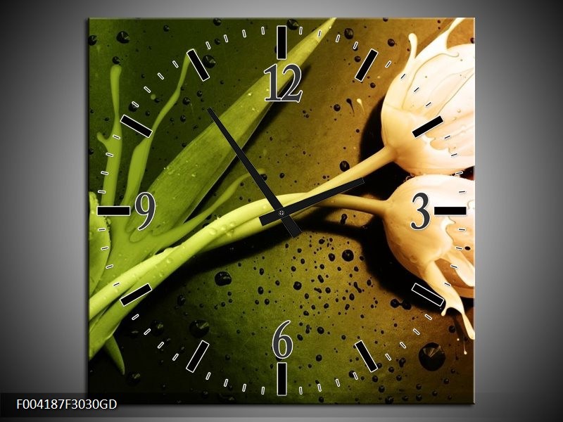 Wandklok op Glas Tulp | Kleur: Groen, Wit, Bruin | F004187CGD