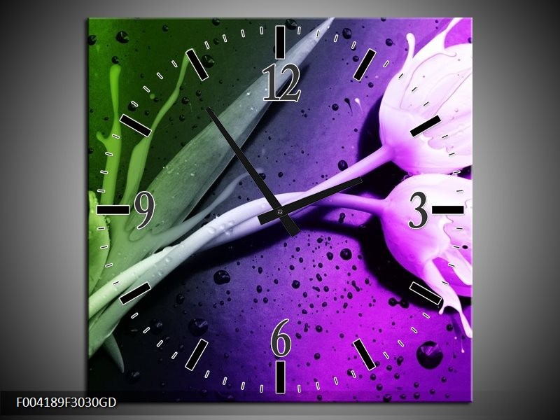 Wandklok op Glas Tulp | Kleur: Paars, Groen | F004189CGD