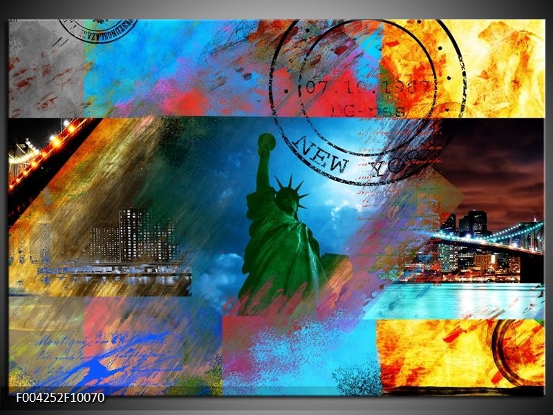 Glas schilderij New York | Blauw, Rood, Geel