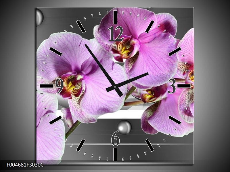 Wandklok op Canvas Orchidee | Kleur: Grijs, Paars, Wit | F004681C