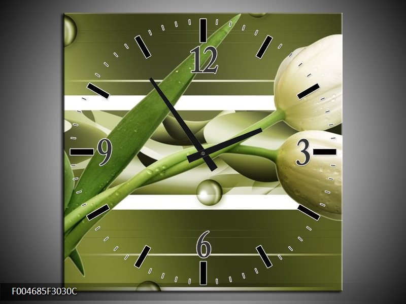 Wandklok op Canvas Tulp | Kleur: Grijs, Wit, Groen | F004685C