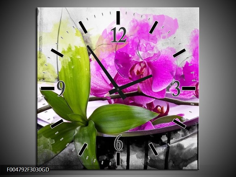 Wandklok op Glas Orchidee | Kleur: Paars, Groen, Wit | F004792CGD