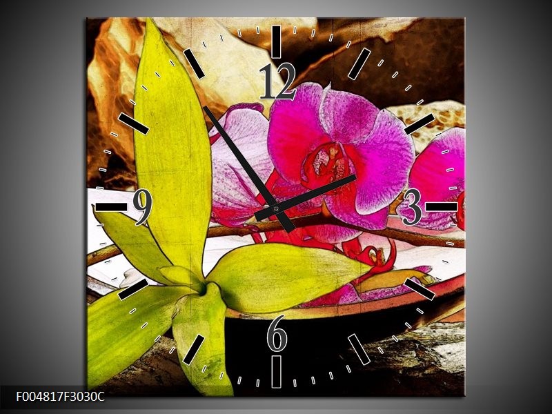 Wandklok op Canvas Orchidee | Kleur: Paars, Groen, Bruin | F004817C