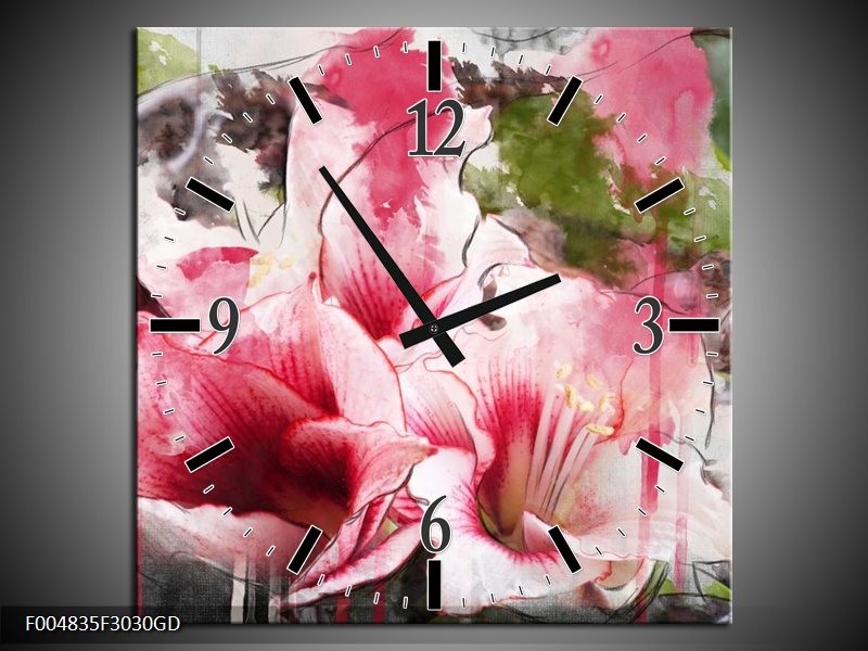 Wandklok op Glas Bloem | Kleur: Roze, Wit, Grijs | F004835CGD