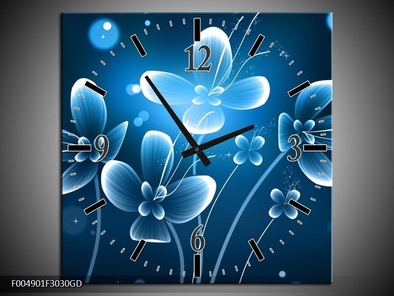 Wandklok op Glas Bloem | Kleur: Blauw, Wit | F004901CGD