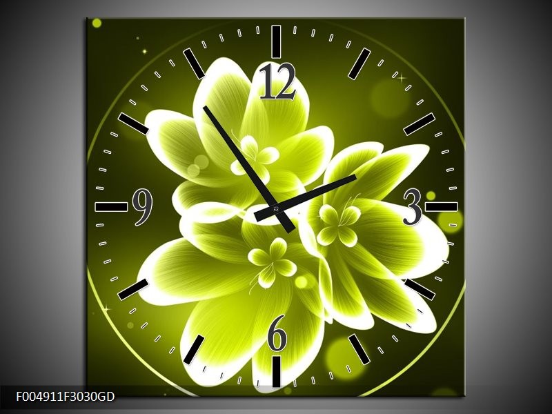 Wandklok op Glas Bloem | Kleur: Groen, Wit | F004911CGD