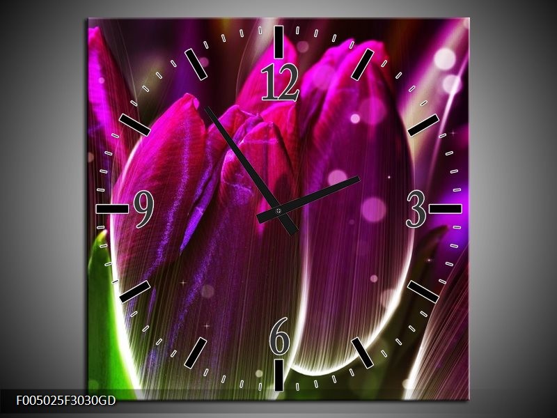 Wandklok op Glas Tulp | Kleur: Paars, Groen | F005025CGD