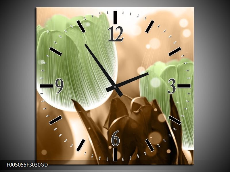 Wandklok op Glas Tulp | Kleur: Groen, Bruin | F005055CGD