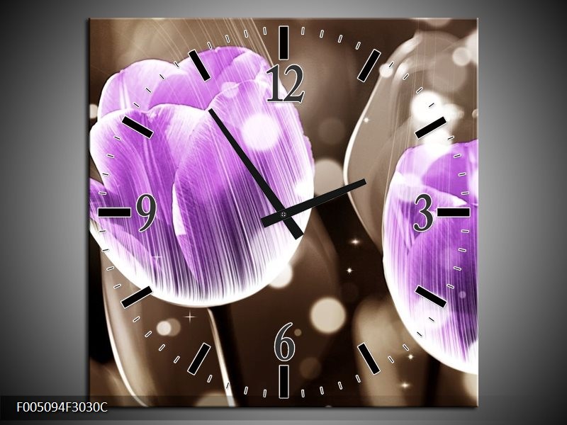 Wandklok op Canvas Tulp | Kleur: Paars, Grijs | F005094C