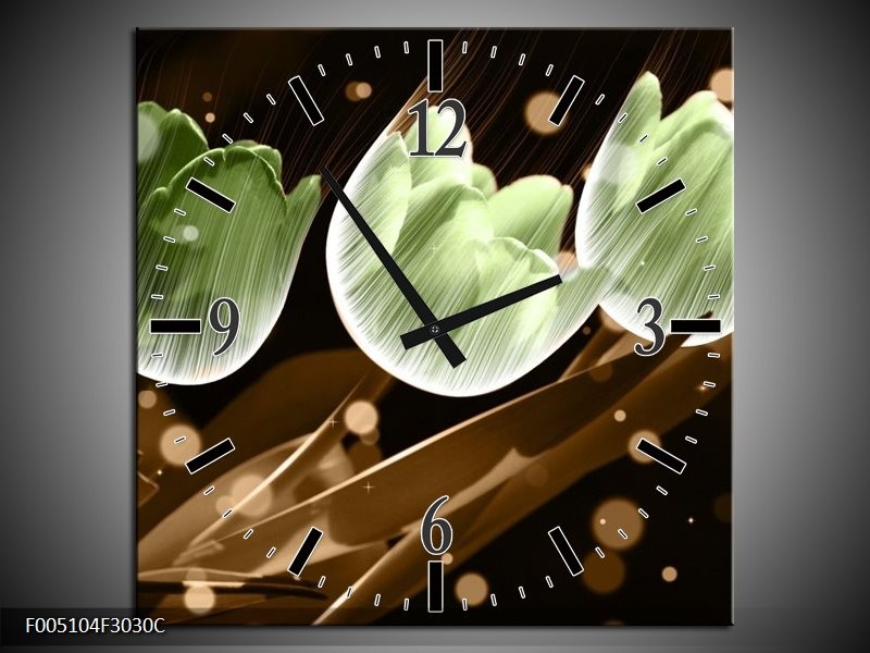 Wandklok op Canvas Tulp | Kleur: Bruin, Groen | F005104C