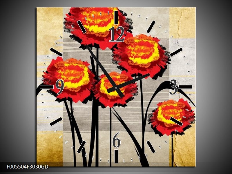 Wandklok op Glas Bloem | Kleur: Oranje, Geel, Grijs | F005504CGD