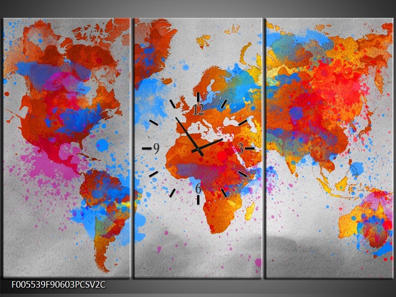 OP VOORRAAD  Wandklok op Canvas Wereld | Kleur: Grijs, Rood, Blauw | F005539C