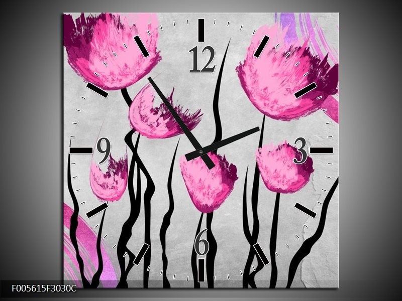 Wandklok op Canvas Tulp | Kleur: Grijs, Roze, Zwart | F005615C