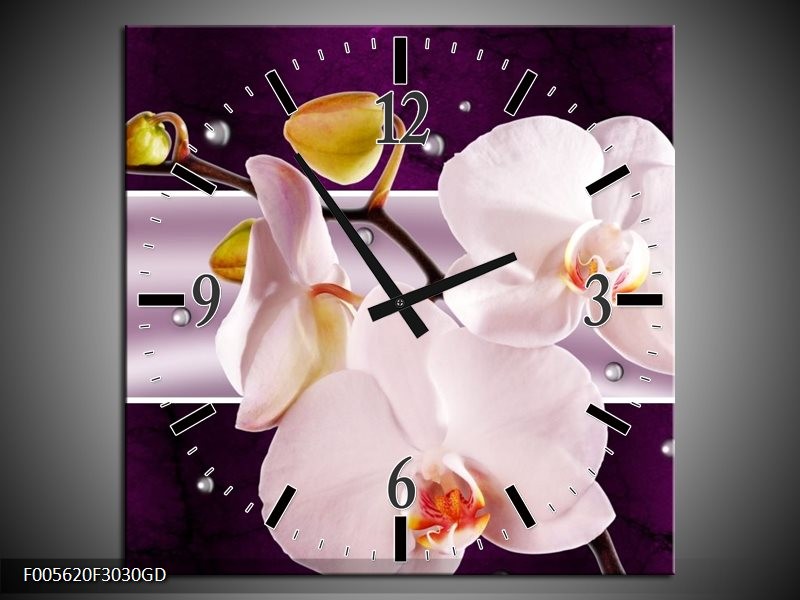 Wandklok op Glas Orchidee | Kleur: Paars, Wit, Grijs | F005620CGD