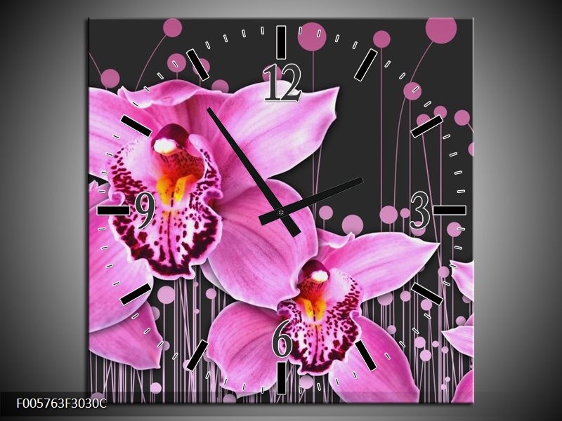 Wandklok op Canvas Orchidee | Kleur: Roze, Grijs | F005763C