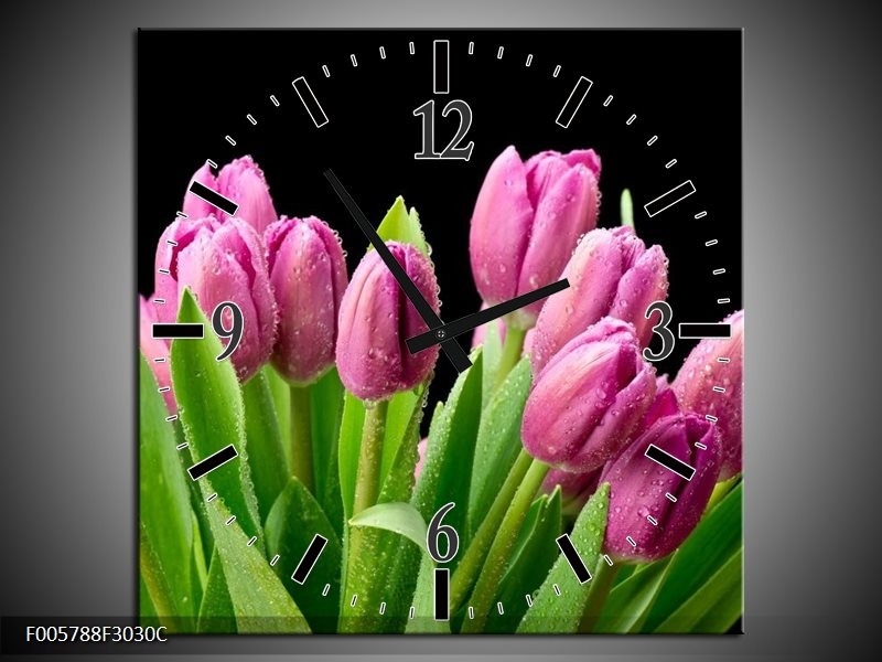 Wandklok op Canvas Tulpen | Kleur: Roze, Zwart, Groen | F005788C