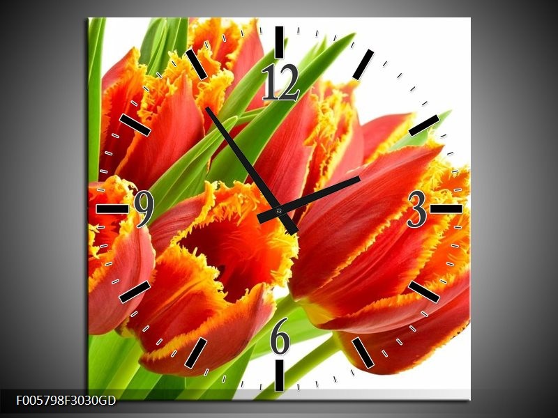 Wandklok op Glas Tulpen | Kleur: Oranje, Groen, Wit | F005798CGD
