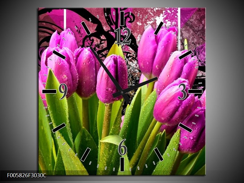 Wandklok op Canvas Tulpen | Kleur: Paars, Groen, Roze | F005826C