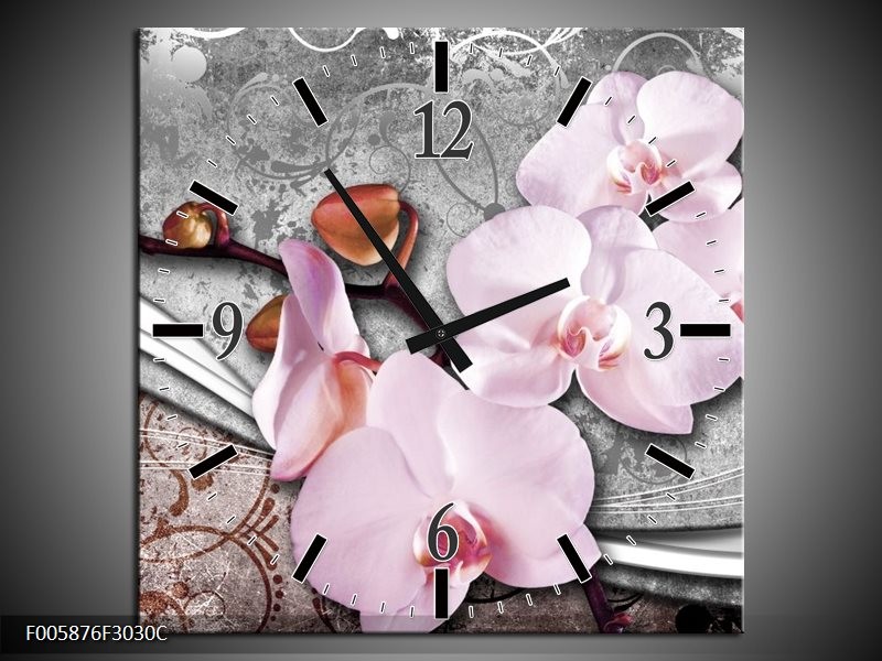 Wandklok op Canvas Orchidee | Kleur: Roze, Grijs | F005876C