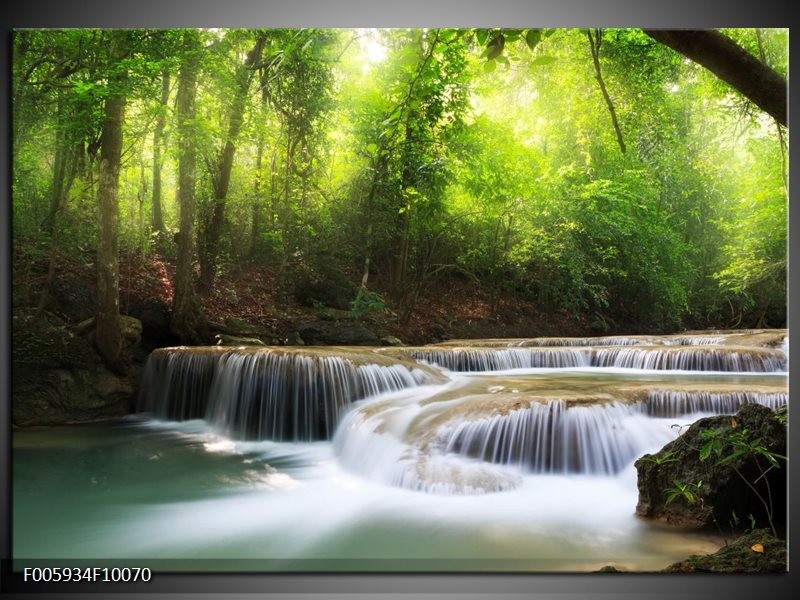 Glas schilderij Waterval | Groen, Blauw, Grijs