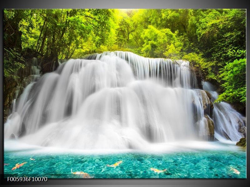 Glas schilderij Waterval | Groen, Grijs, Blauw