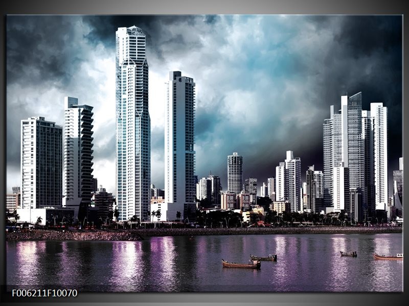 Foto canvas schilderij Wolkenkrabber | Blauw, Paars, Grijs