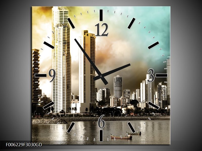 Wandklok op Glas Wolkenkrabber | Kleur: Bruin, Sepia, Groen | F006229CGD