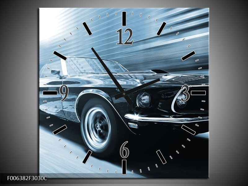 Wandklok Schilderij Auto, Mustang | Blauw, Wit