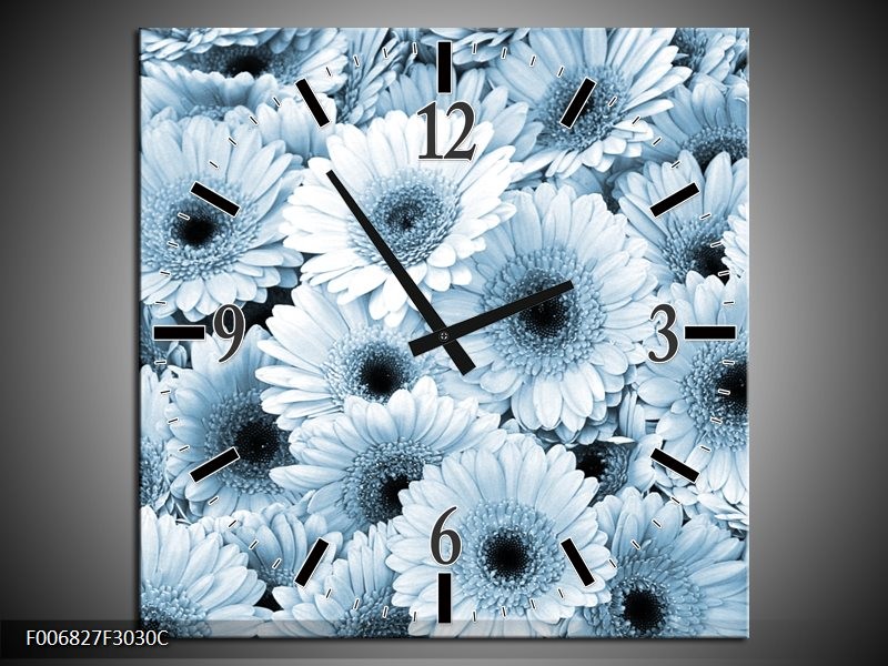 Wandklok Schilderij Gerbera, Bloemen | Blauw, Grijs