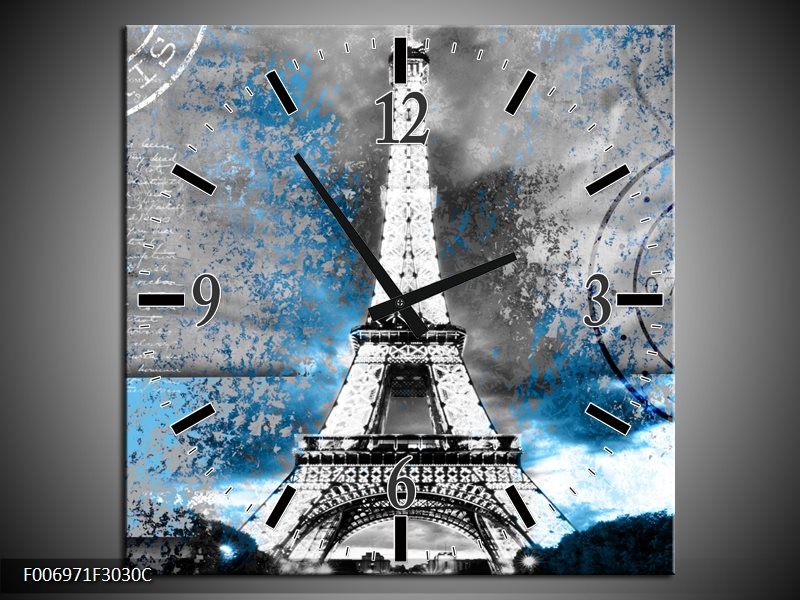 Wandklok Schilderij Parijs, Eiffeltoren | Grijs, Blauw, Zwart