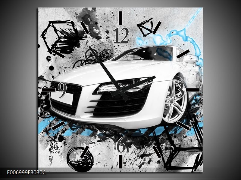 Wandklok Schilderij Auto, Audi | Wit, Blauw, Zwart