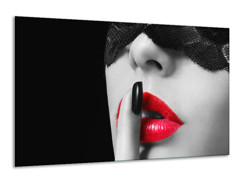 Canvas Schilderij Vrouw, Lippen | Zwart, Grijs, Rood | 120x70cm 1Luik