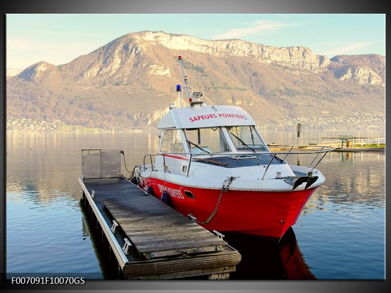 Glas Schilderij Boot, Bergen | Rood, Grijs, Wit