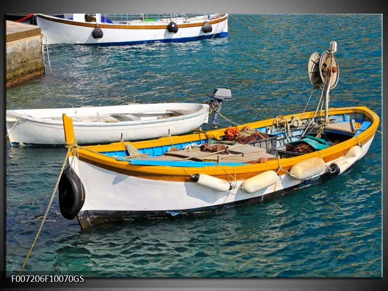 Glas Schilderij Boot, Water | Grijs, Geel, Wit