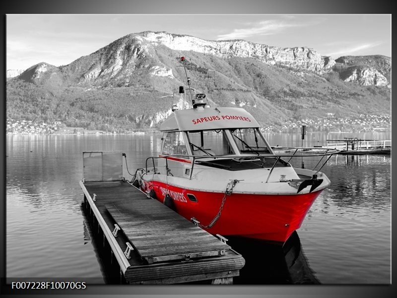 Glas Schilderij Boot, Bergen | Zwart, Wit, Rood