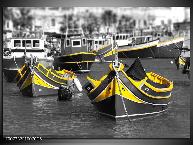 Glas Schilderij Boot, Water | Zwart, Wit, Geel