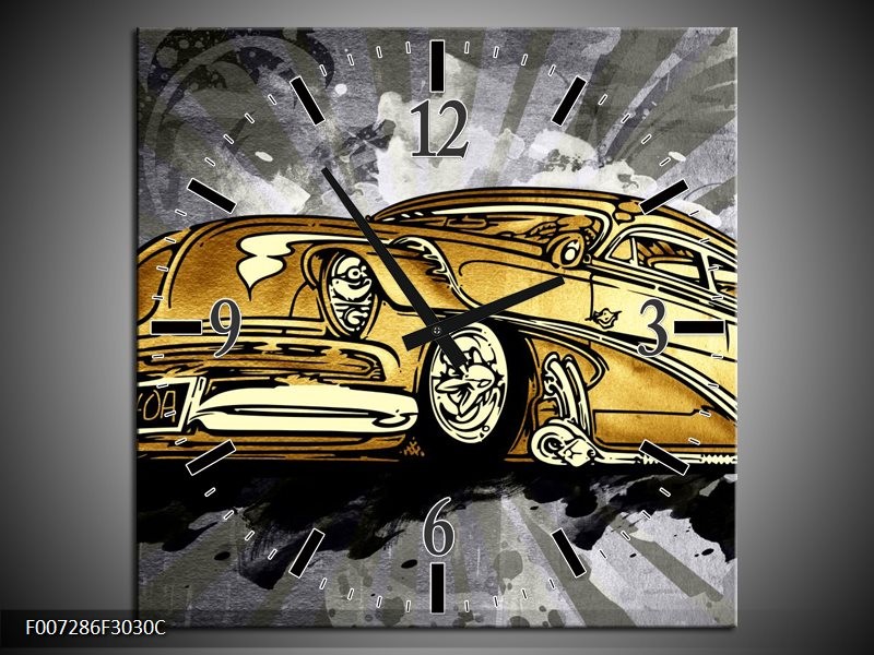 Wandklok Schilderij Oldtimer, Auto | Grijs, Geel, Goud